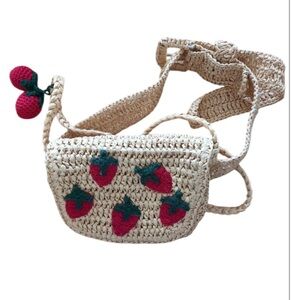 Zara Crossboy & Belt Strawberry Woven Bag with Red Strawberrys and Green Accents